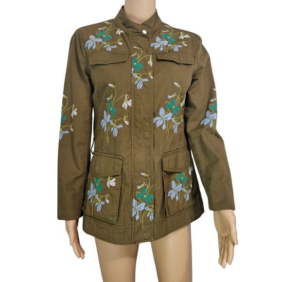 Olive Embroidered Floral Belted Zip Up Utility Standing Collar Jacket Size Med - Picture 5 of 10